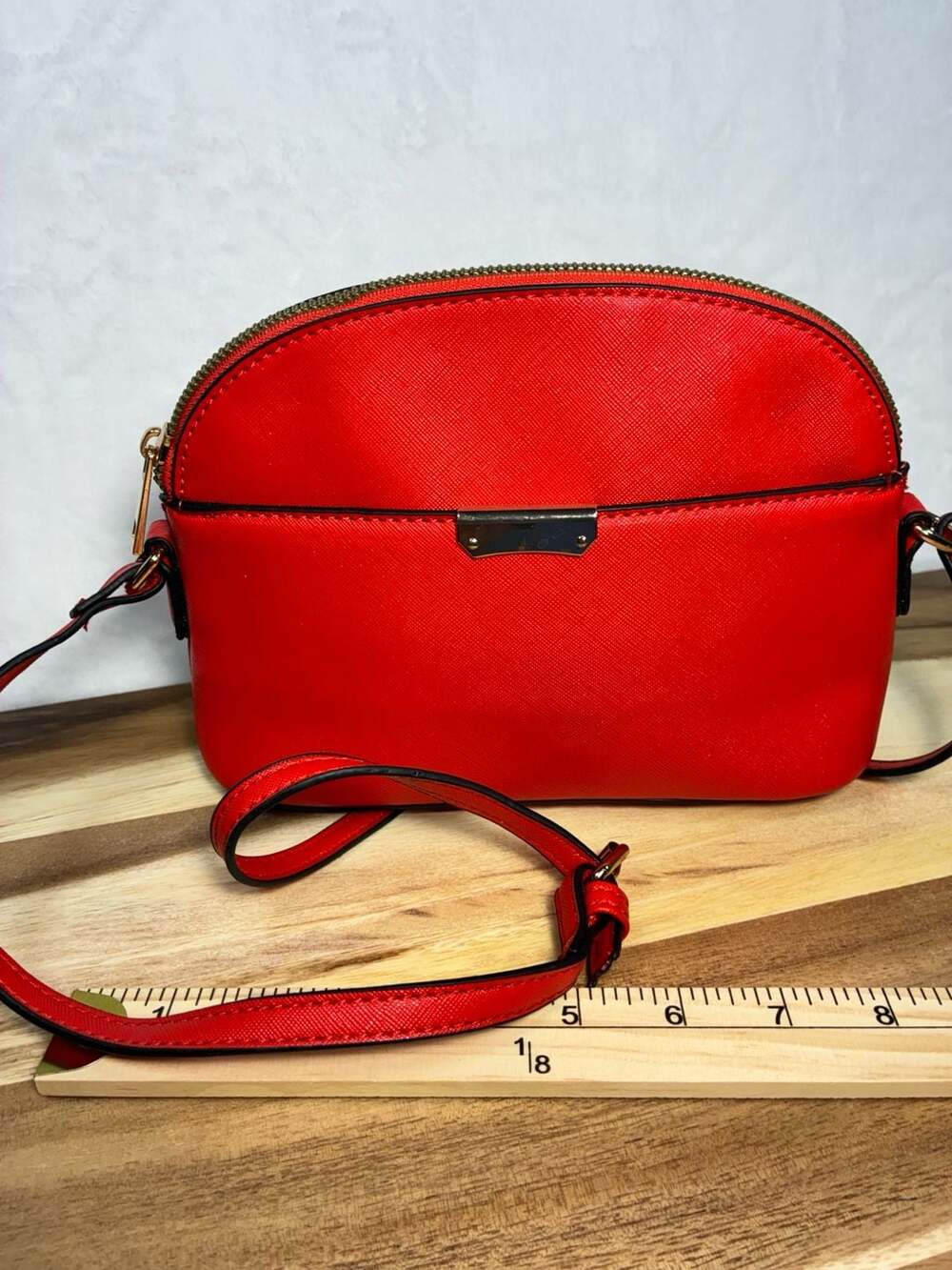 Emperia Red/Orange Faux Leather Dome Crossbody Bag Polka Dot Interior